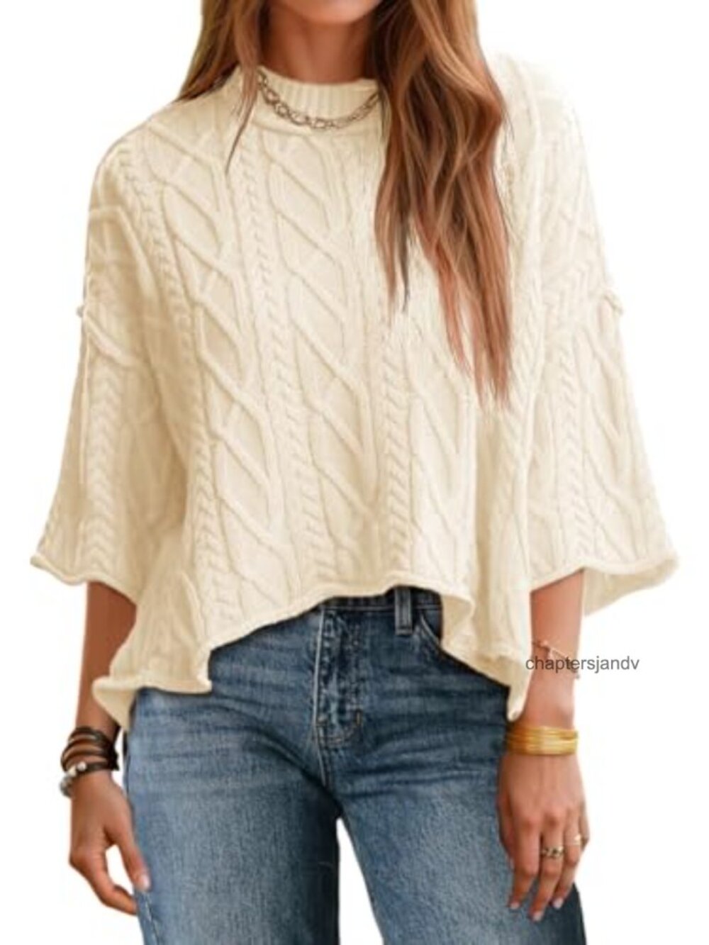 Cable Knit Cropped Sweater Oversized 3/4 Sleeve Pullover